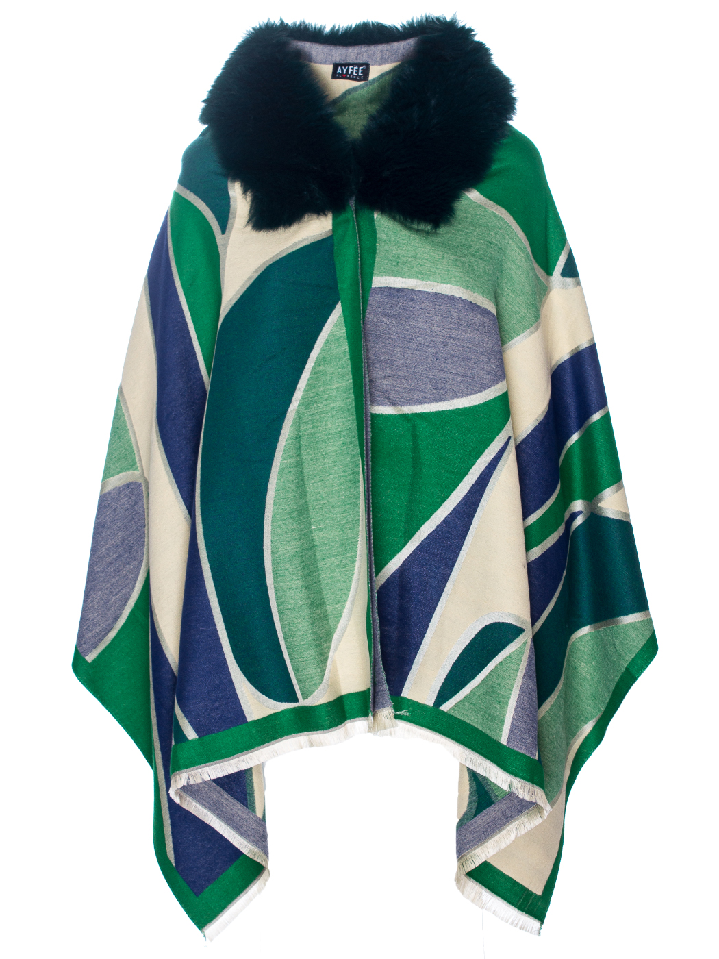 MANTELLA CON COLLO IN PELLICCIA GEOMETRIC JACQUARD, TG UNICA - GREEN